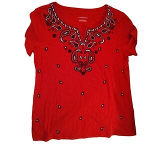 Talbots Red Beaded Paisley Split Neck Cotton Slub Knit T-Shirt Womens Large